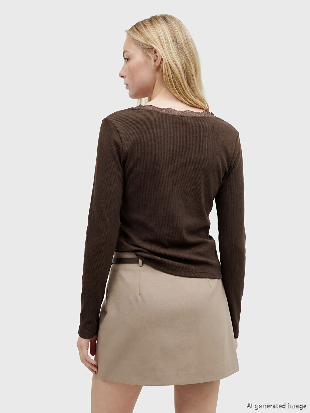 Kahverengi V Yaka Dantel Detaylı Bluz	-3