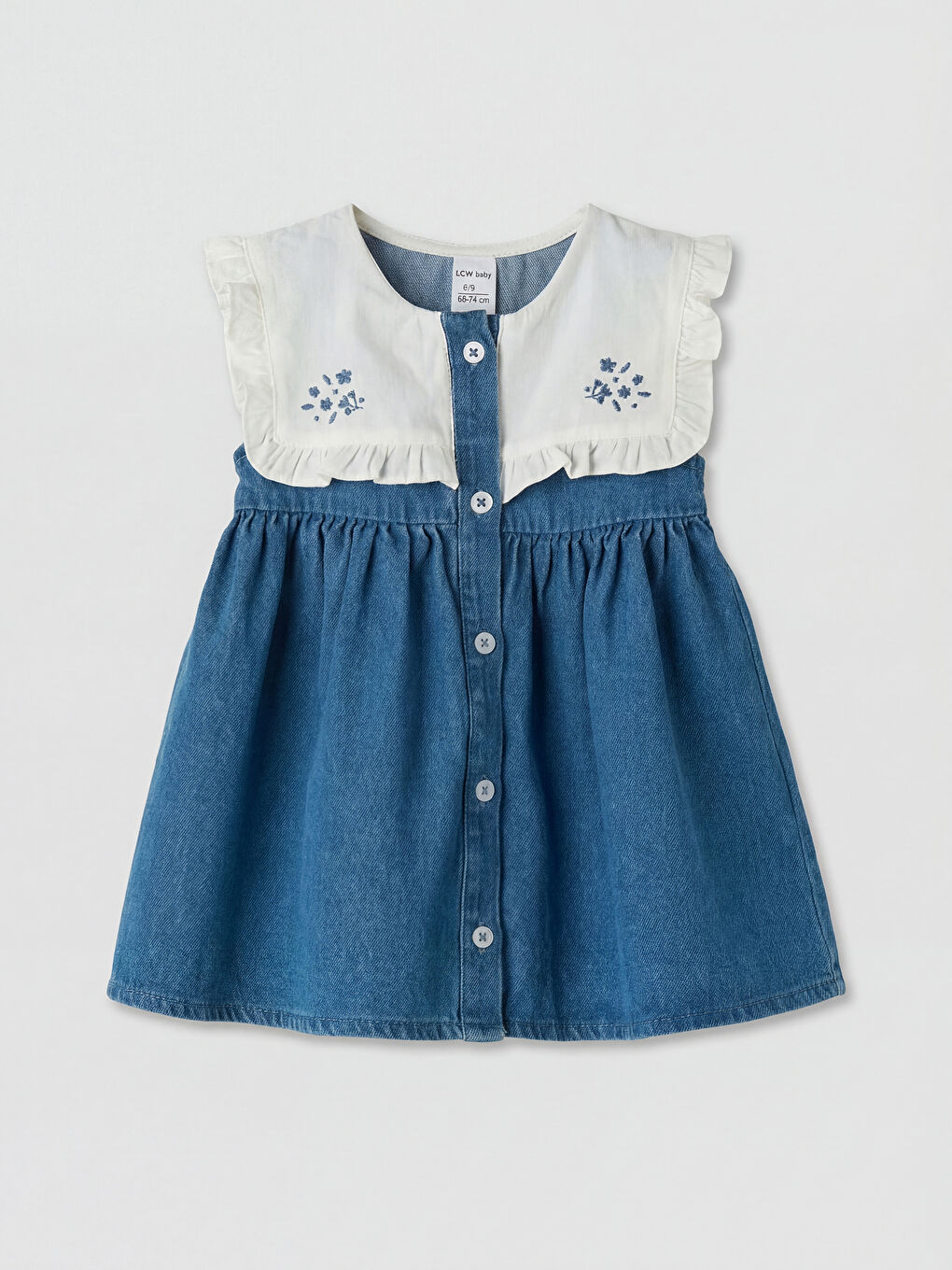 Mavi Bebe Yaka Nakışlı Kız Bebek Jean Elbise