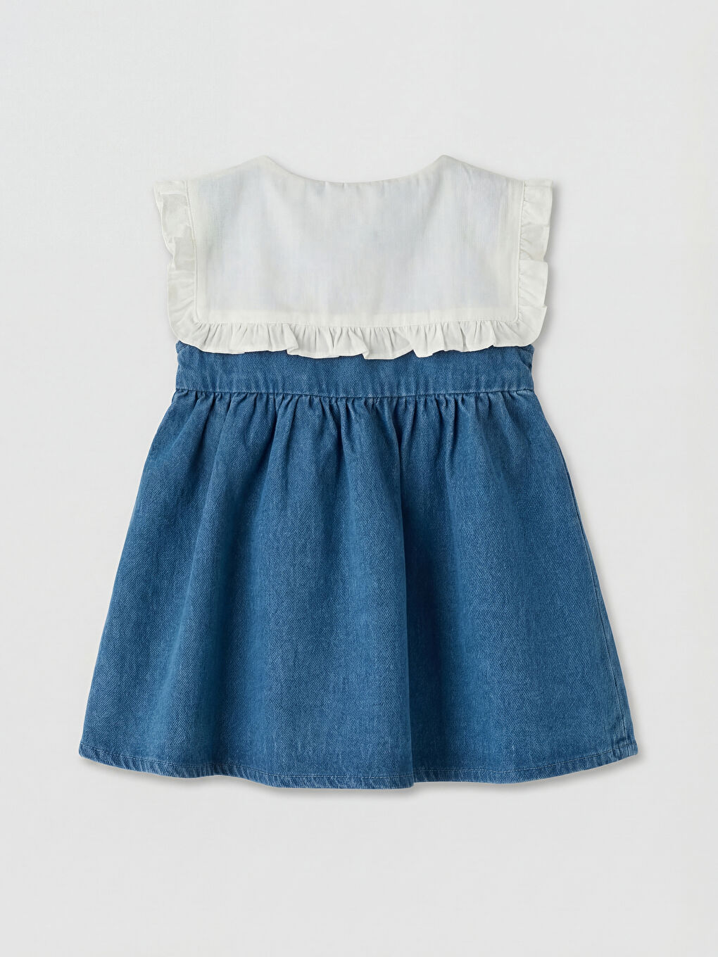 Mavi Bebe Yaka Nakışlı Kız Bebek Jean Elbise-1