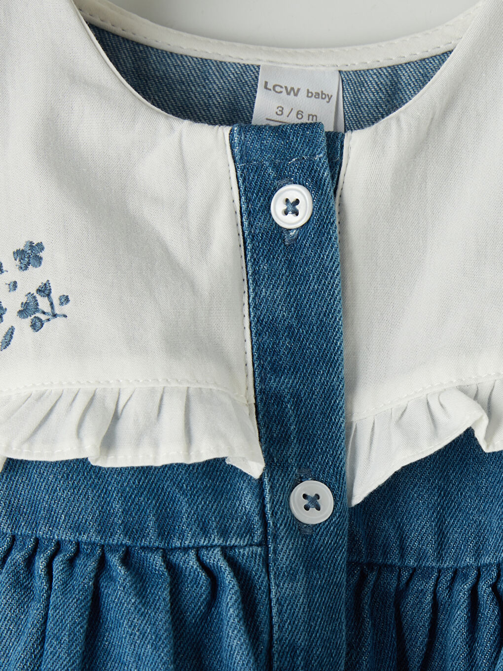 Mavi Bebe Yaka Nakışlı Kız Bebek Jean Elbise-2