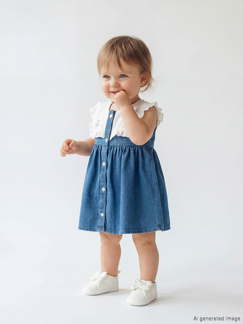 Mavi Bebe Yaka Nakışlı Kız Bebek Jean Elbise