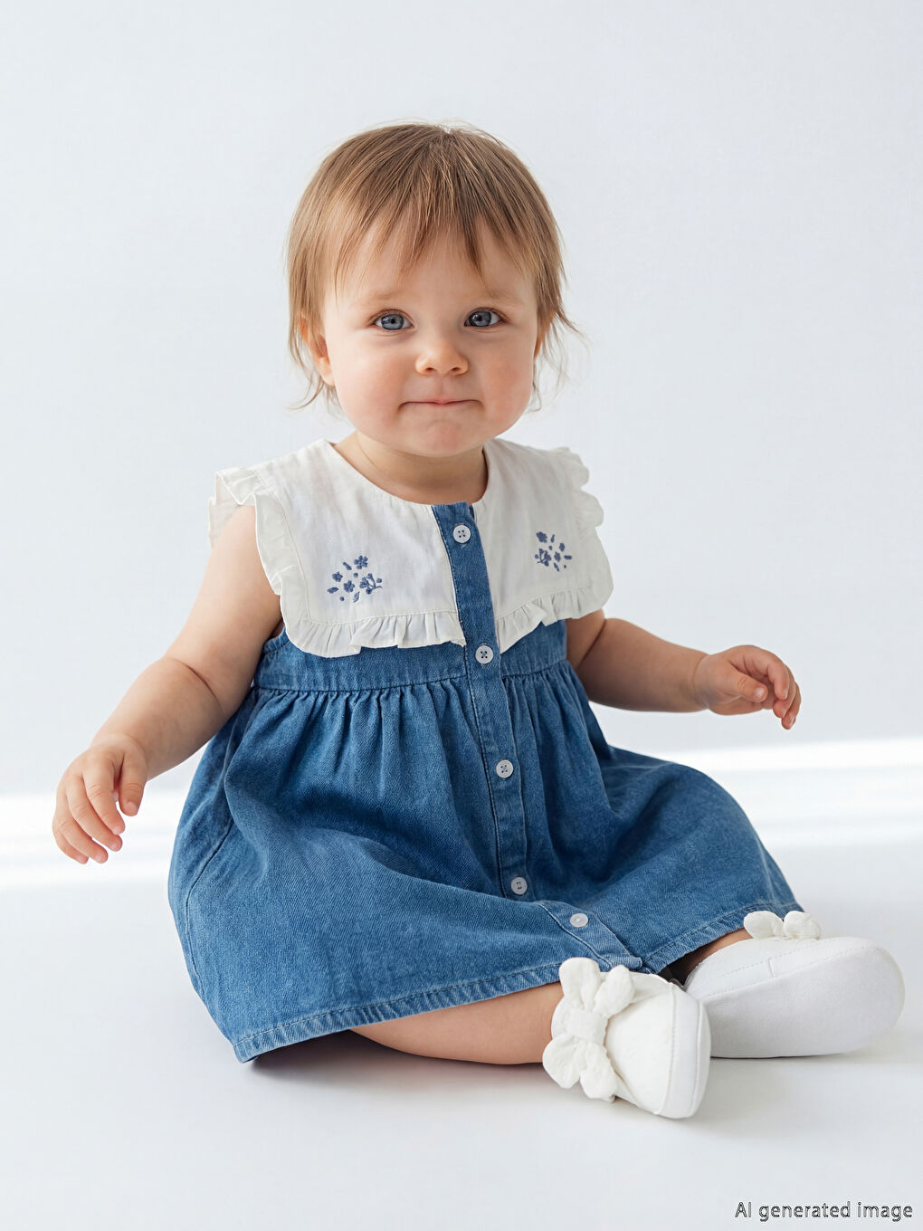 Mavi Bebe Yaka Nakışlı Kız Bebek Jean Elbise-1