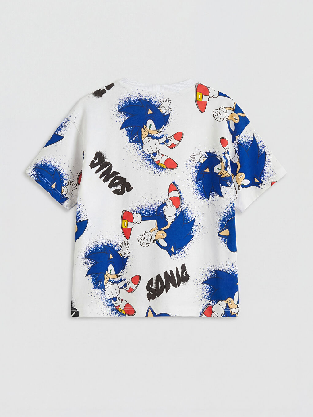 Beyaz Bisiklet Yaka Sonic Baskılı Erkek Çocuk Tişört-1