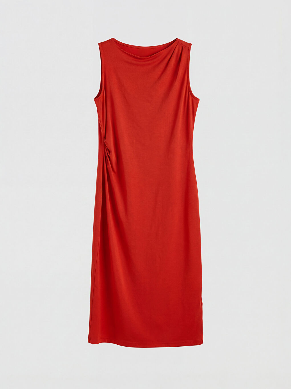 Kırmızı Kayık Yaka Büzgülü Elbise