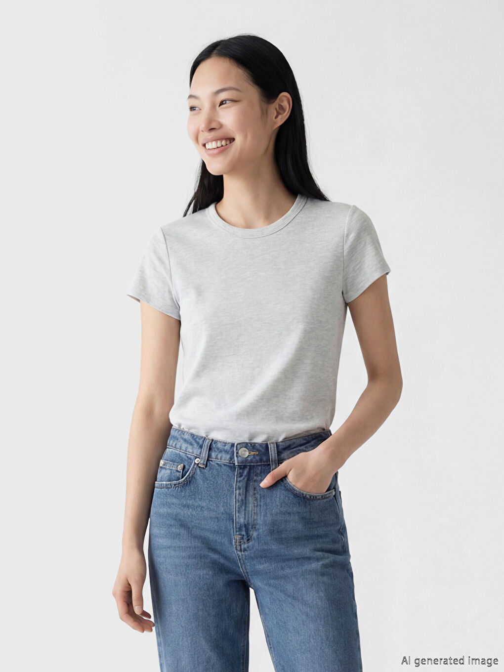 Gri Bisiklet Yaka Kadın Tişört	