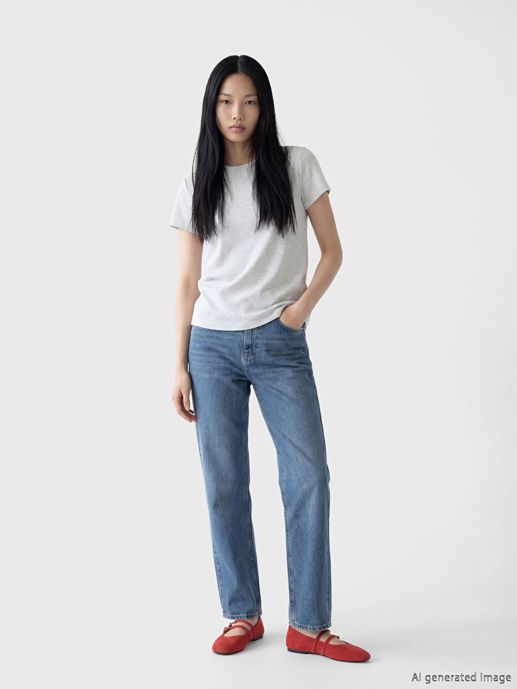 Gri Bisiklet Yaka Kadın Tişört	-1