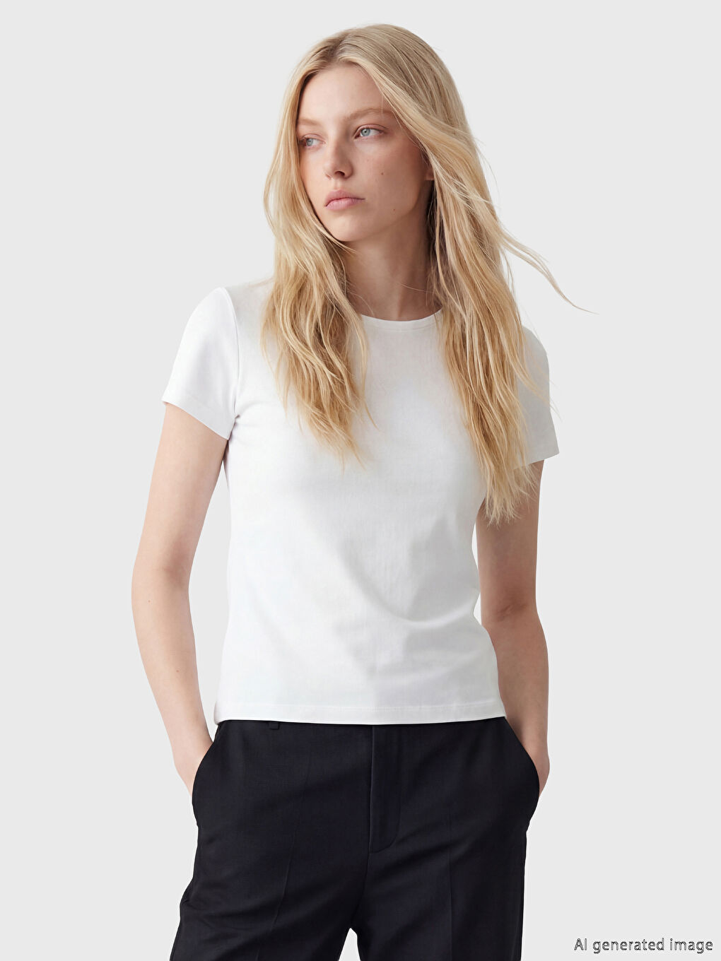 Beyaz Bisiklet Yaka Kadın Tişört	