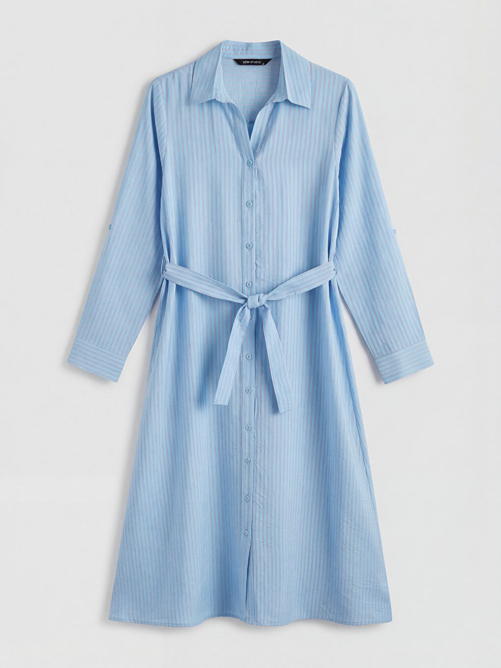 Mavi Çizgili Kuşaklı Poplin Gömlek Elbise