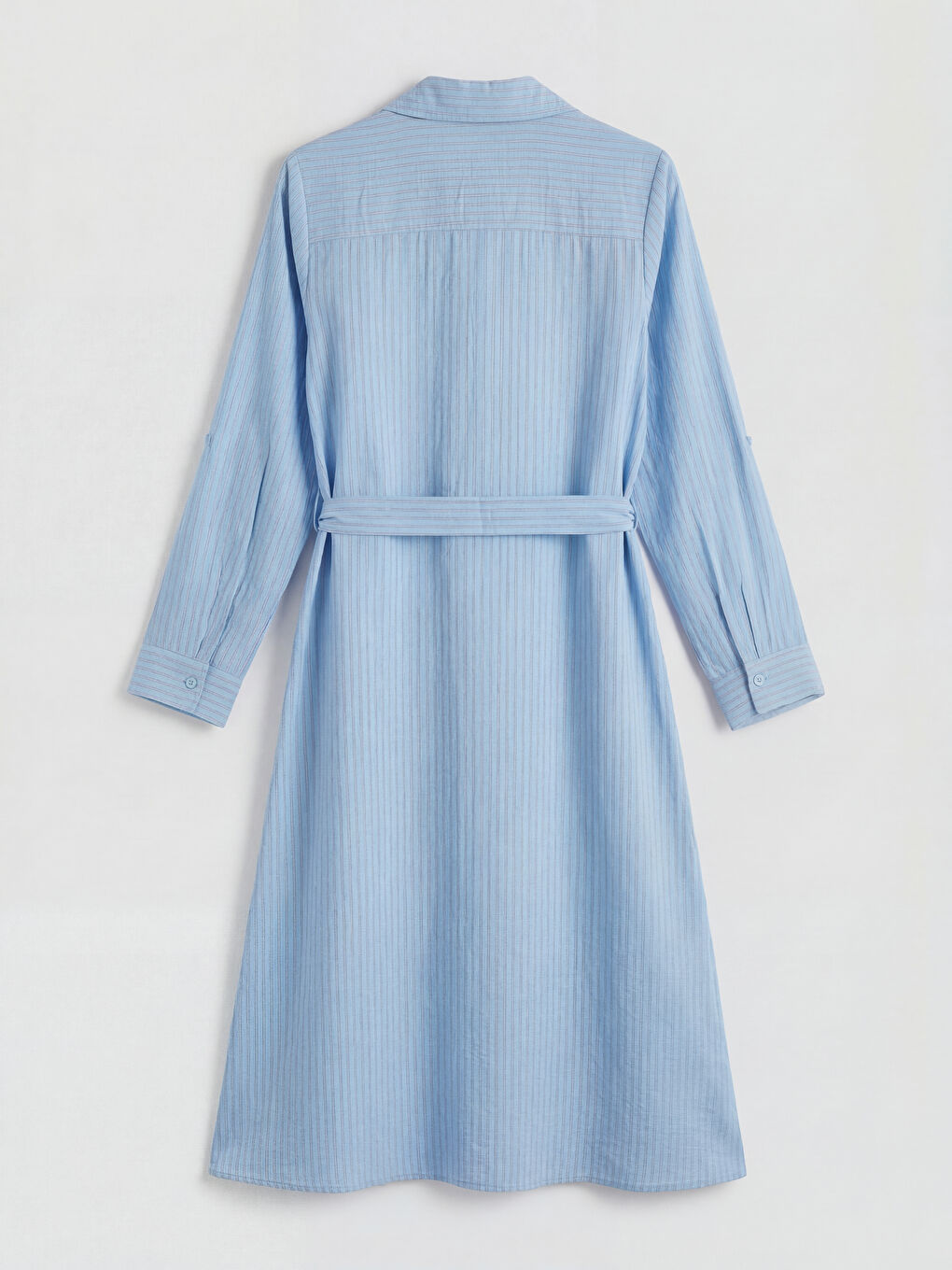Mavi Çizgili Kuşaklı Poplin Gömlek Elbise-1
