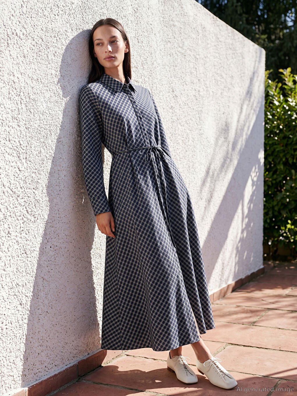 Платье-рубашка из поплина в клетку с поясом
