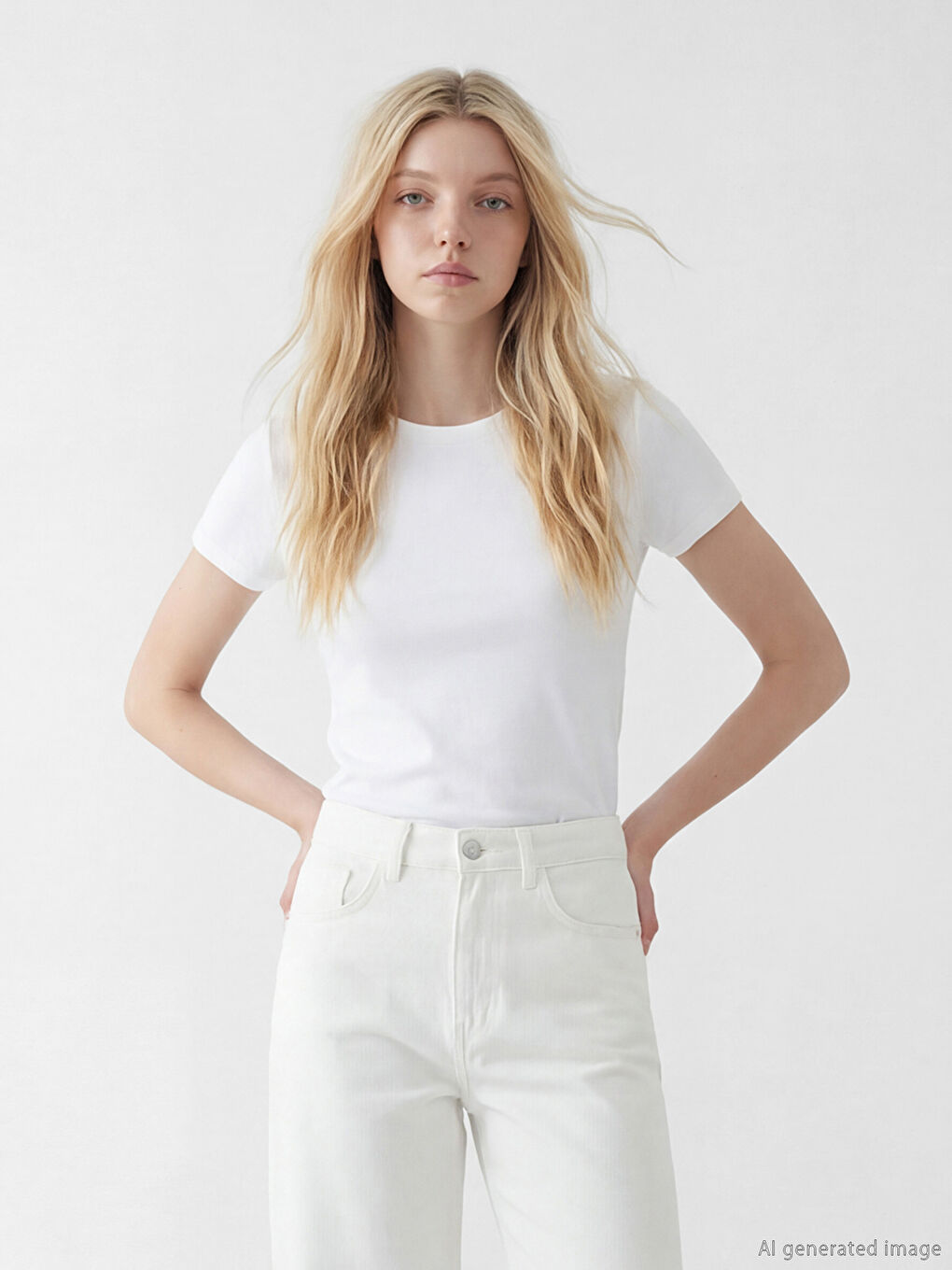 Beyaz Bisiklet Yaka Kadın Tişört	