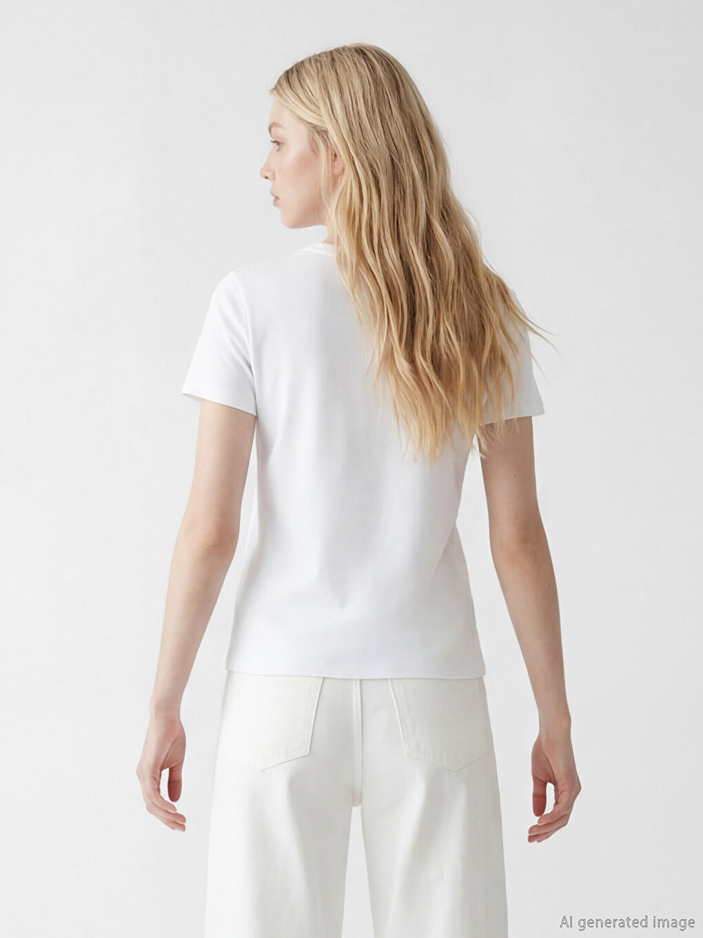 Beyaz Bisiklet Yaka Kadın Tişört	-1