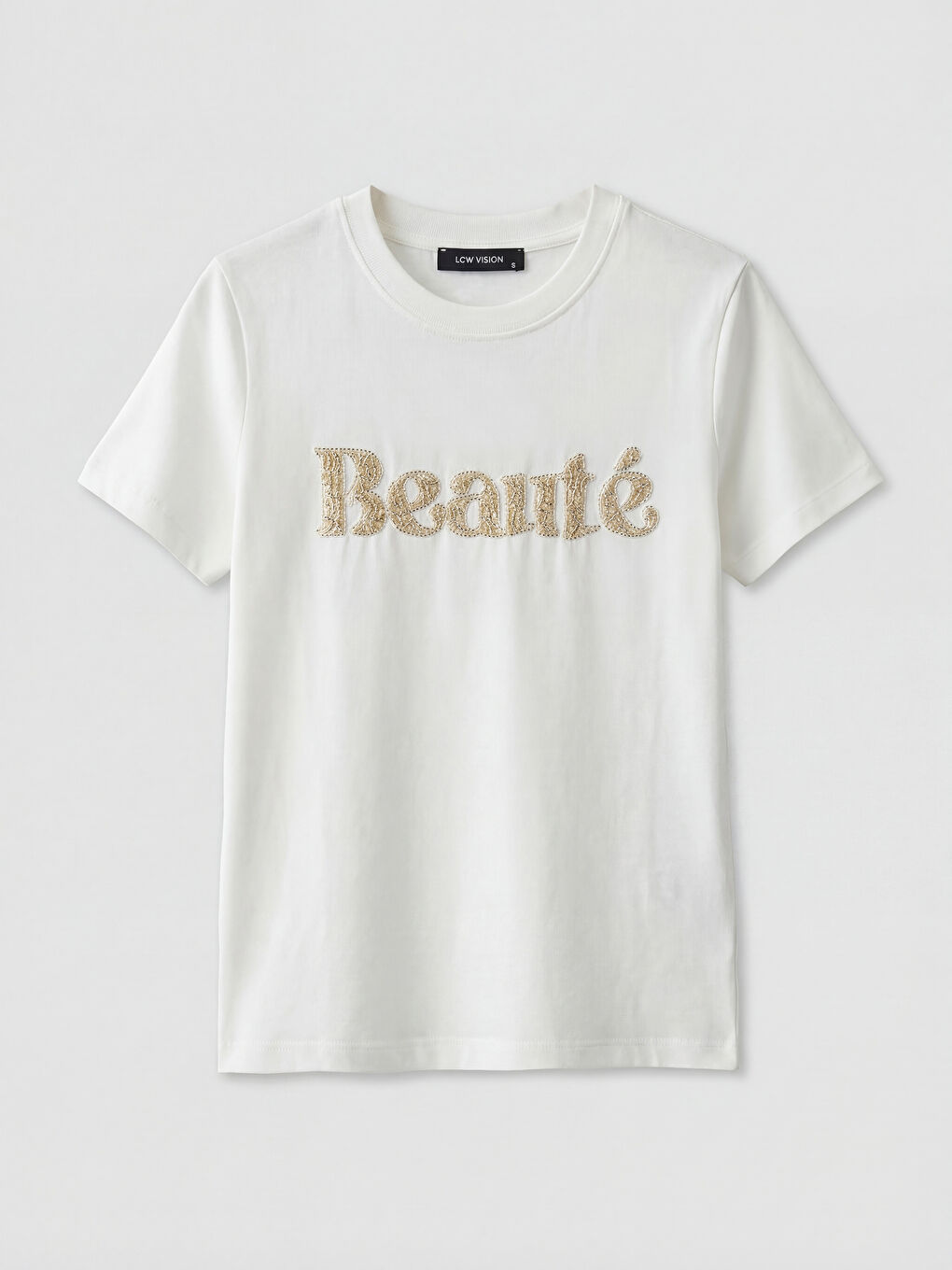 Ekru Bisiklet Yaka Nakışlı Kadın Tişört