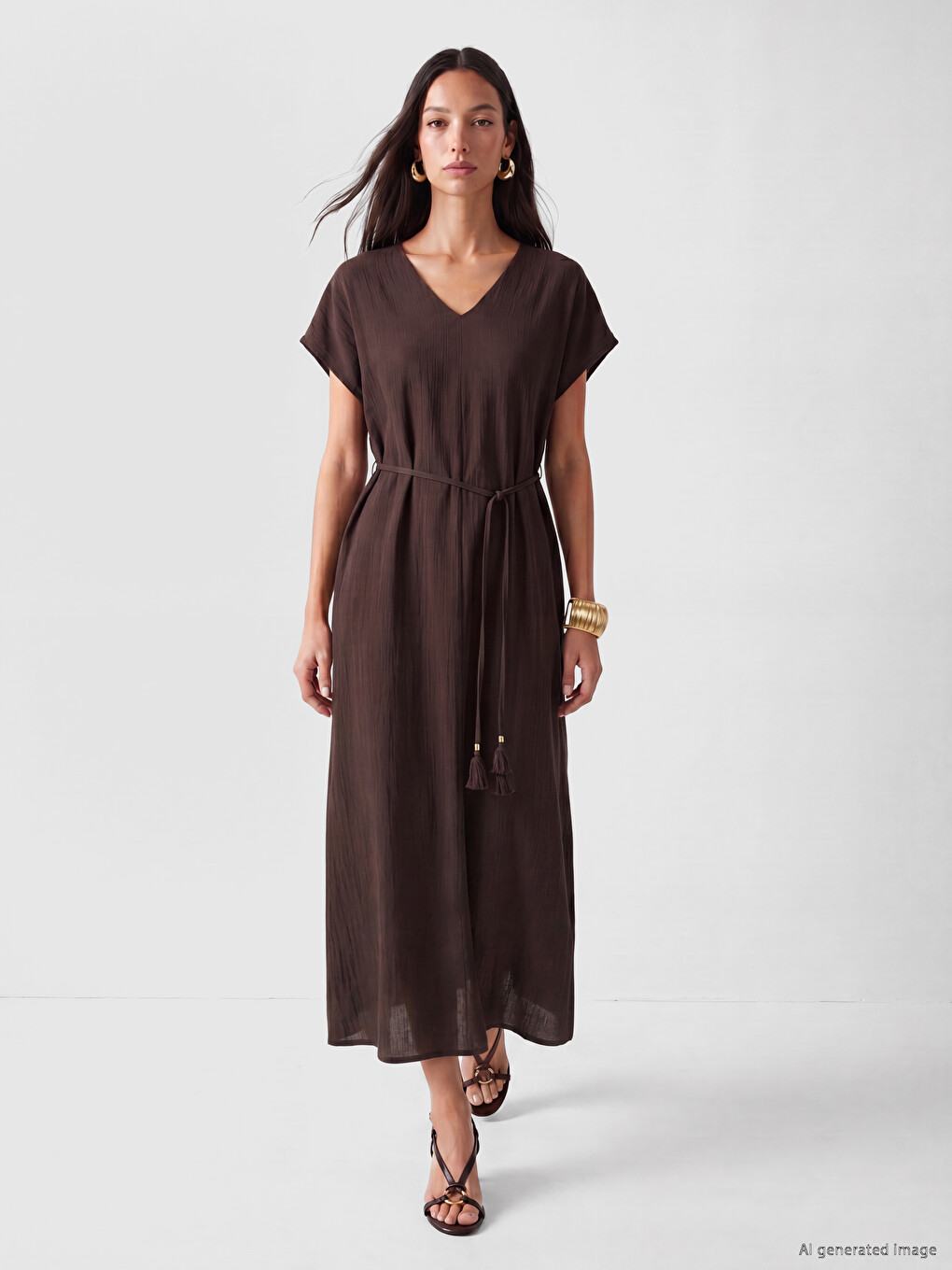 V Neck Sash A Form Textured Dress
