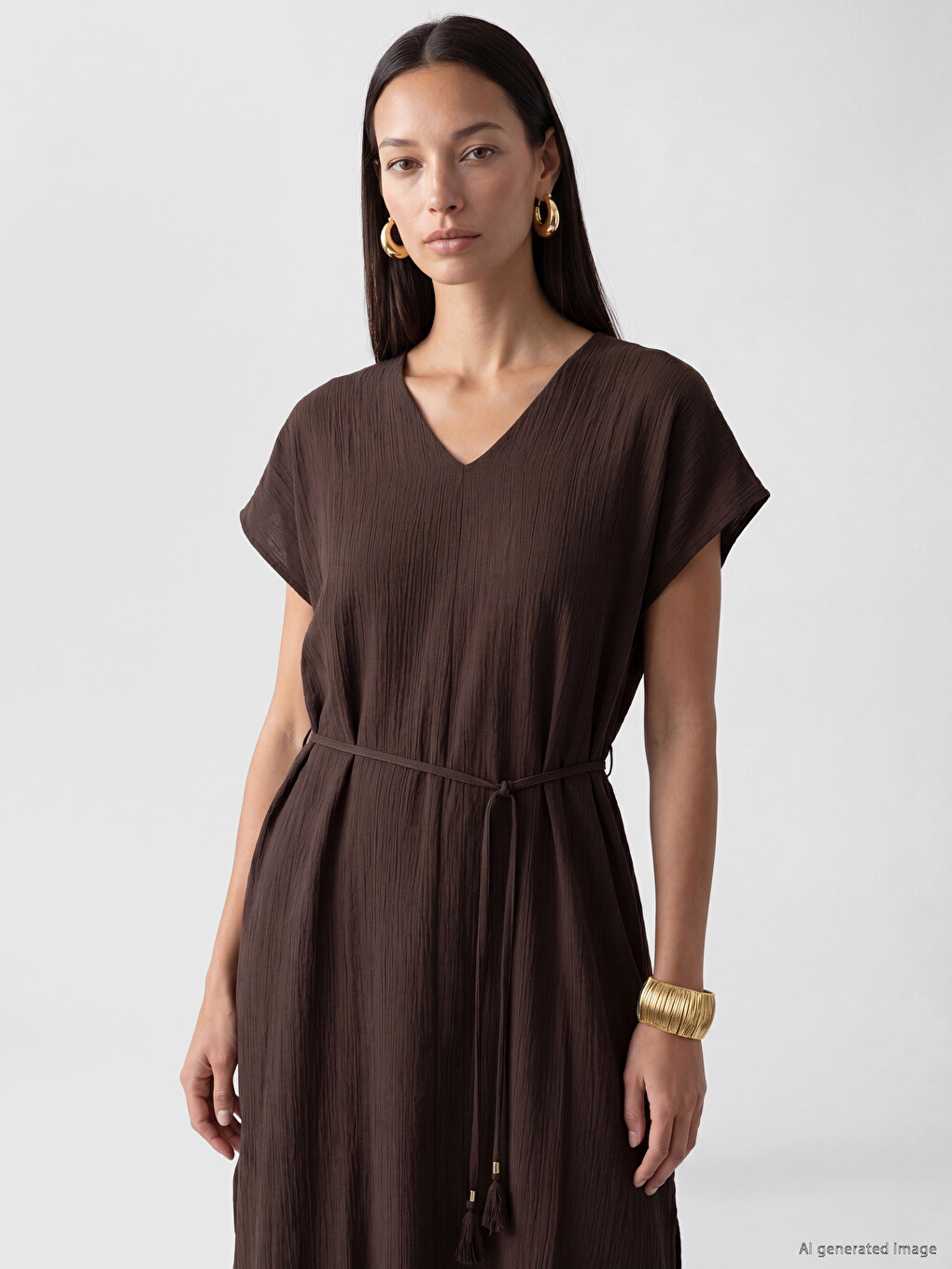 V Neck Sash A Form Textured Dress-1