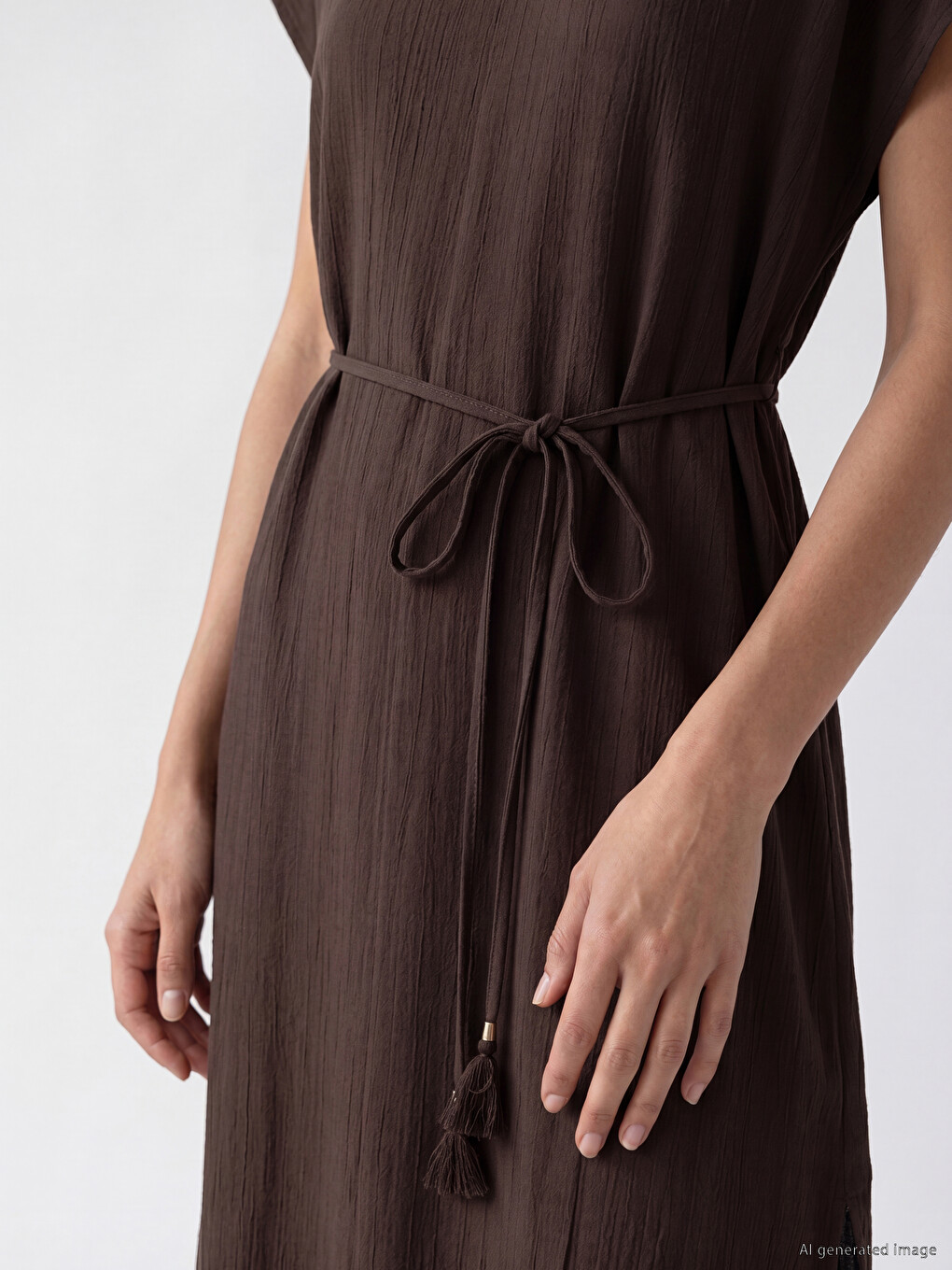V Neck Sash A Form Textured Dress-2