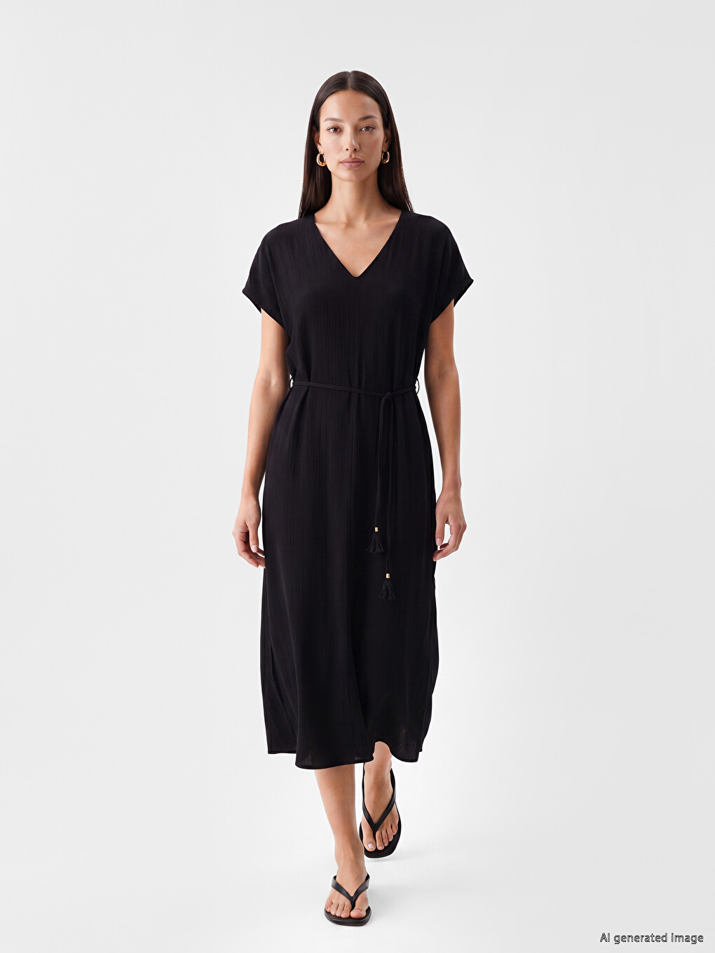 V Neck Sash A Form Textured Dress