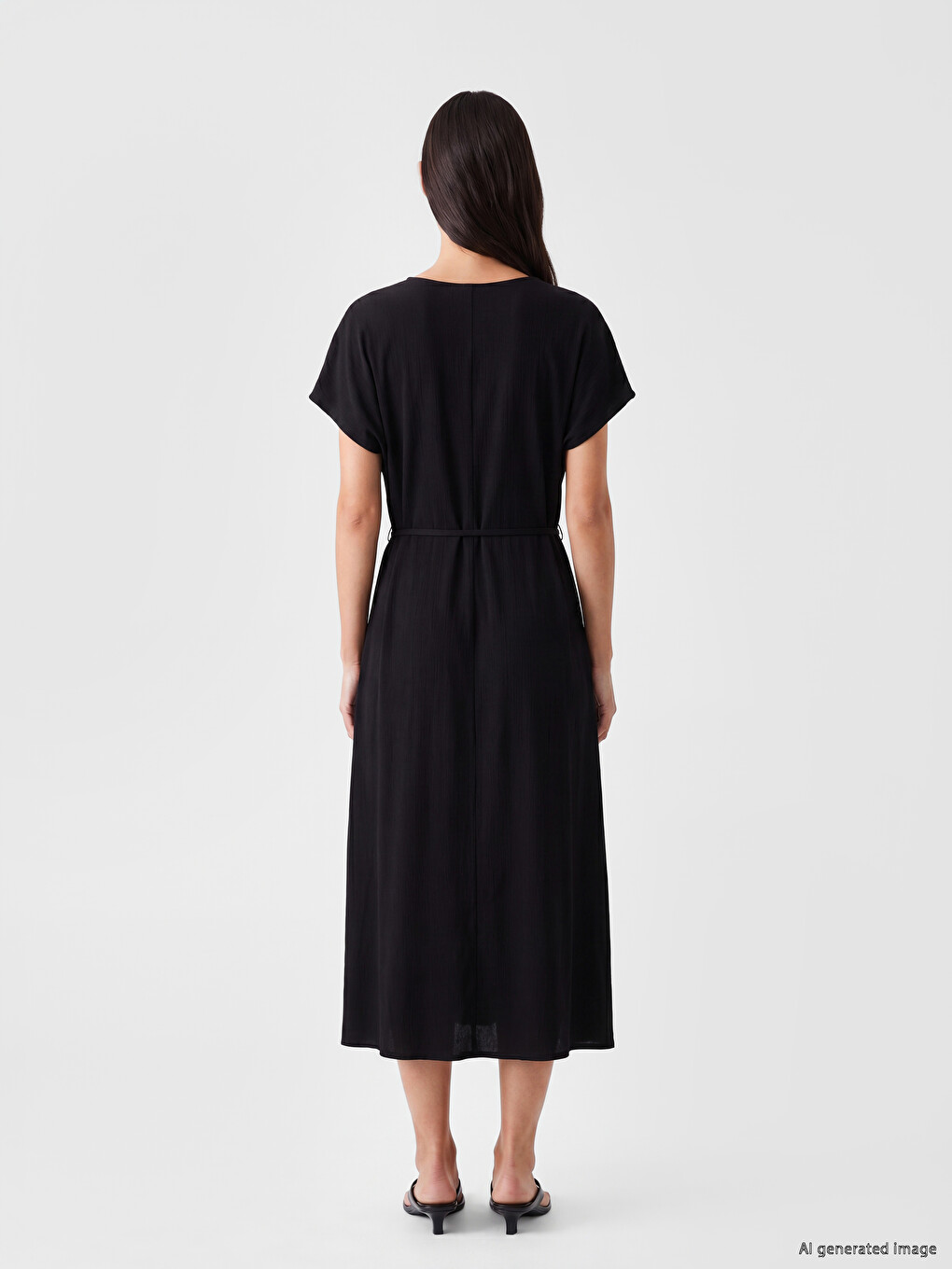 V Neck Sash A Form Textured Dress-3