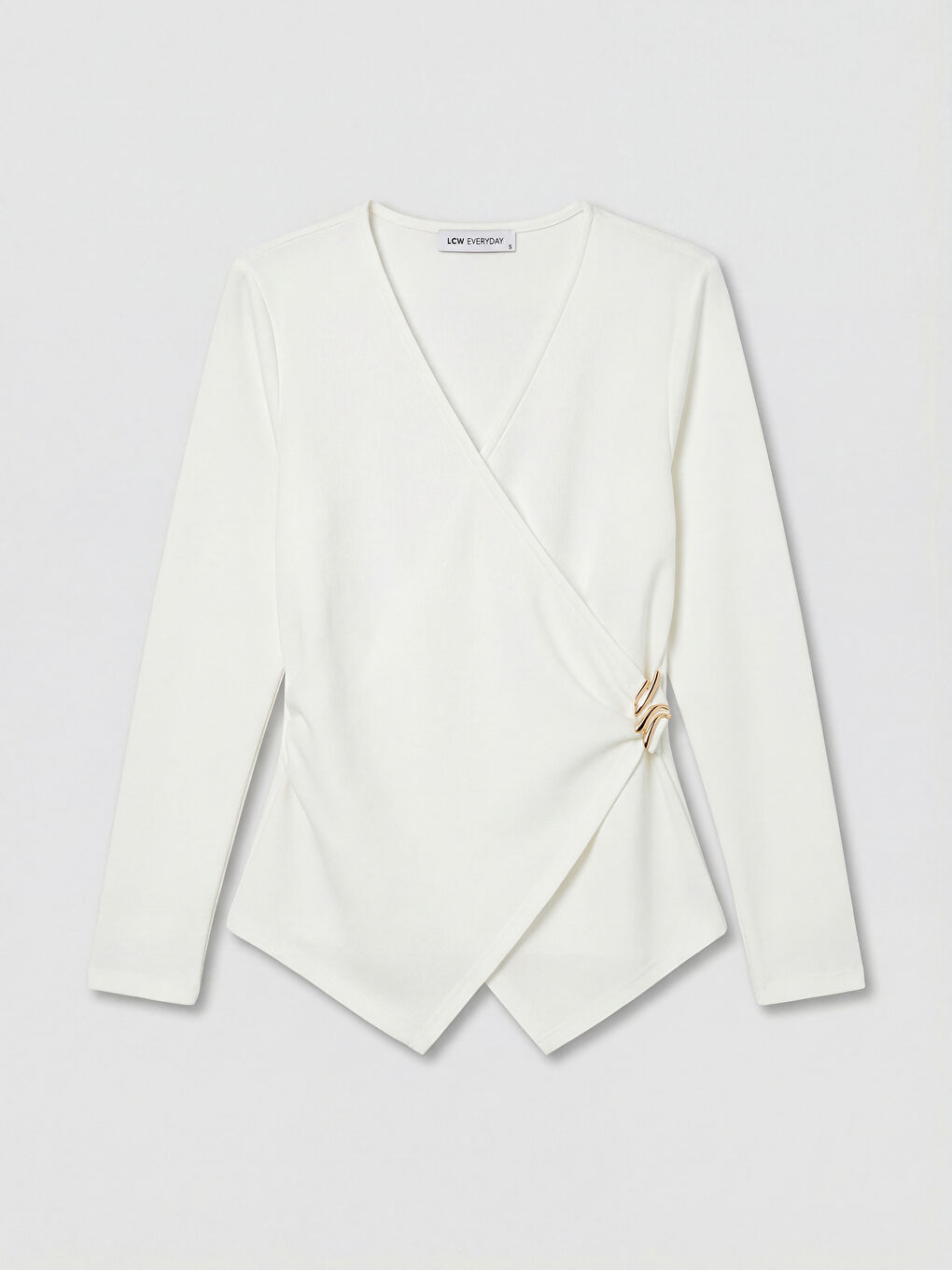 Beyaz Kruvaze Yaka Büzgülü Bluz-4