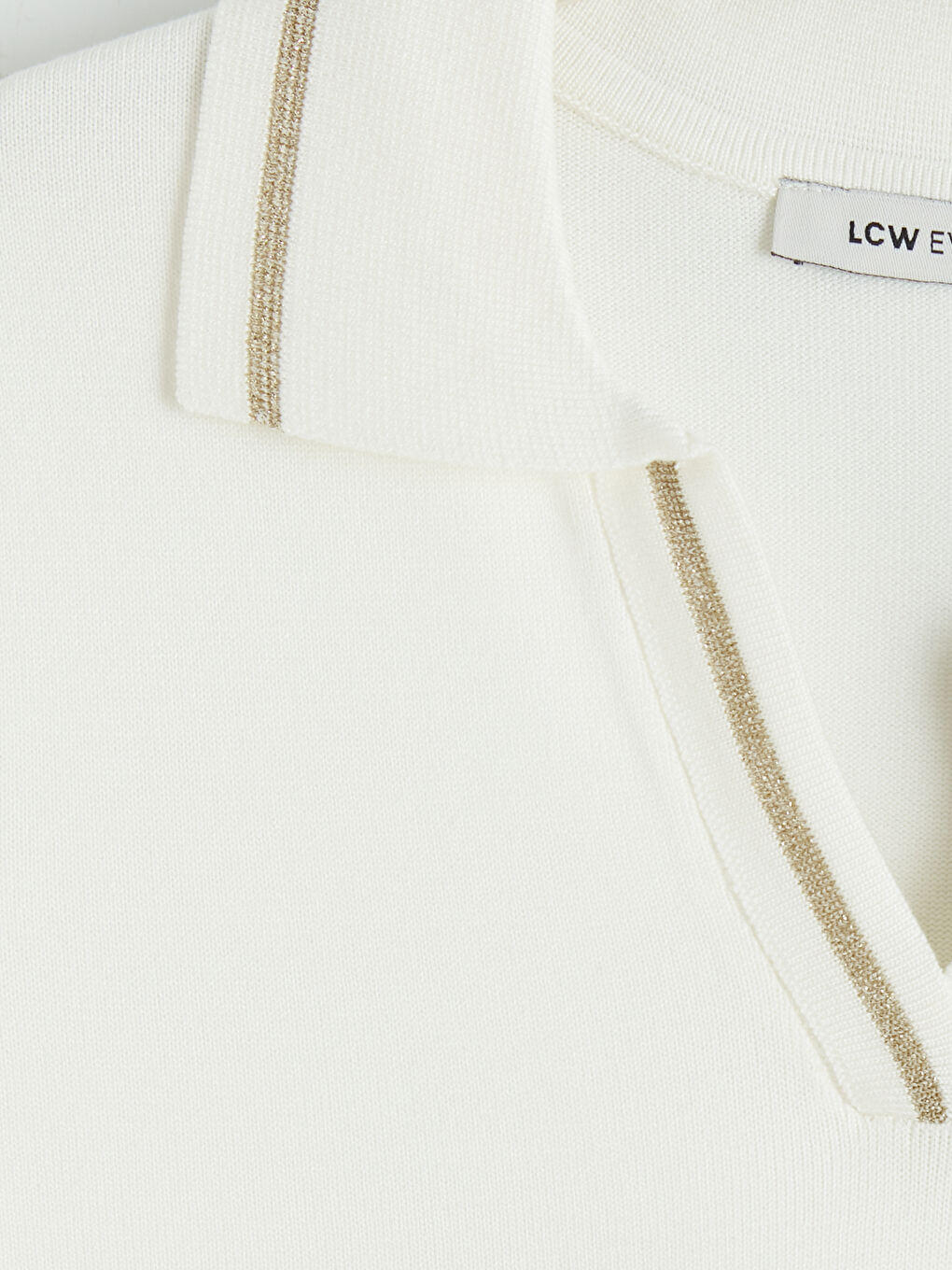 Ekru Polo Yaka Çizgili Kadın Triko Kazak-2