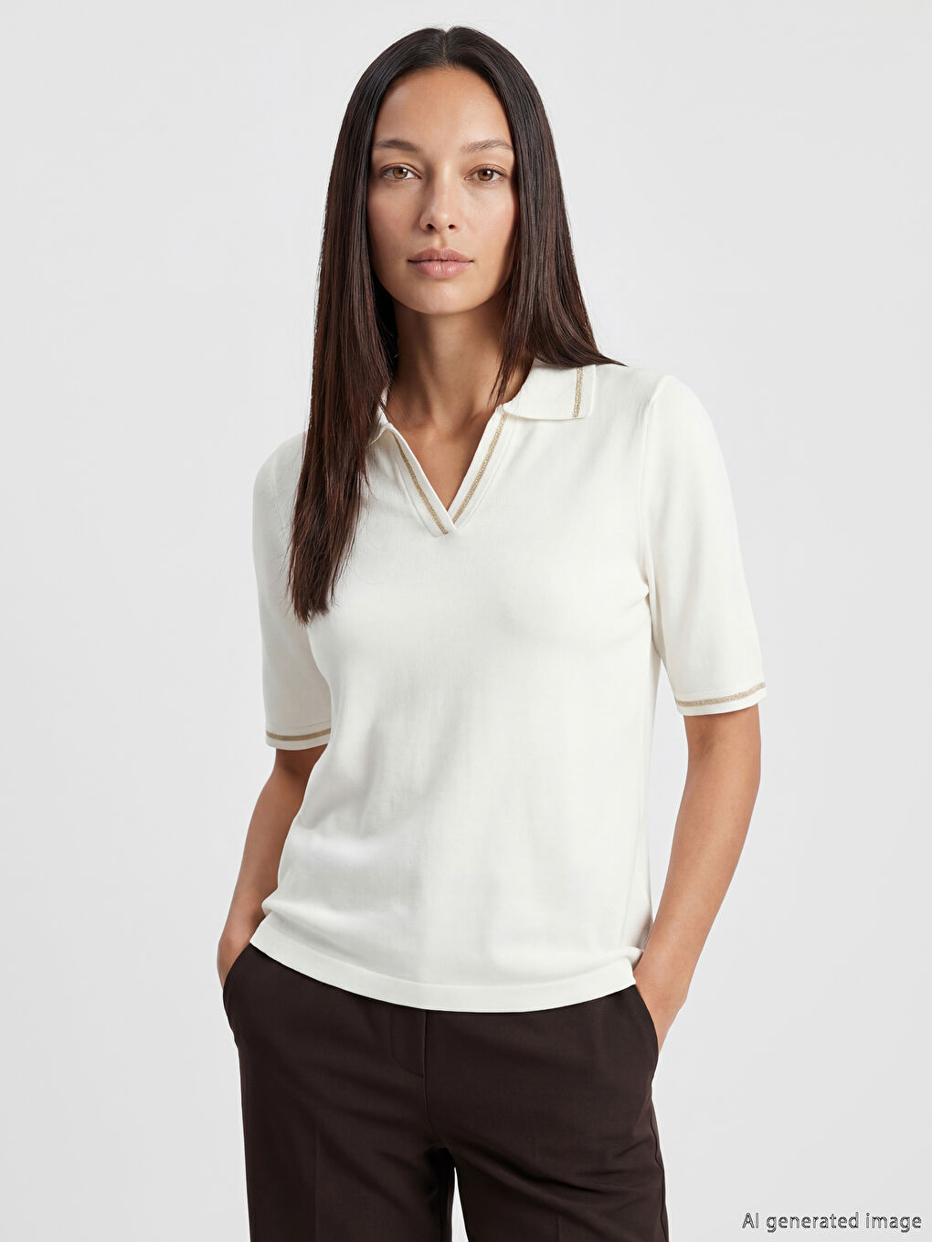 Beyaz Polo Yaka Çizgili Kadın Triko Kazak