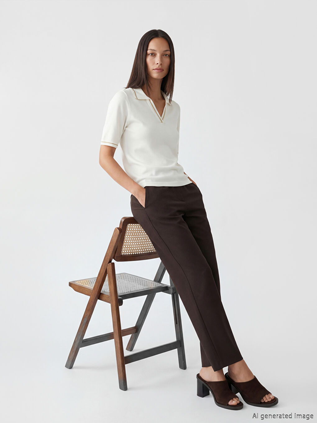 Beyaz Polo Yaka Çizgili Kadın Triko Kazak-1