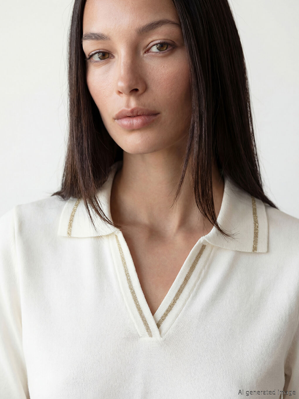 Beyaz Polo Yaka Çizgili Kadın Triko Kazak-2