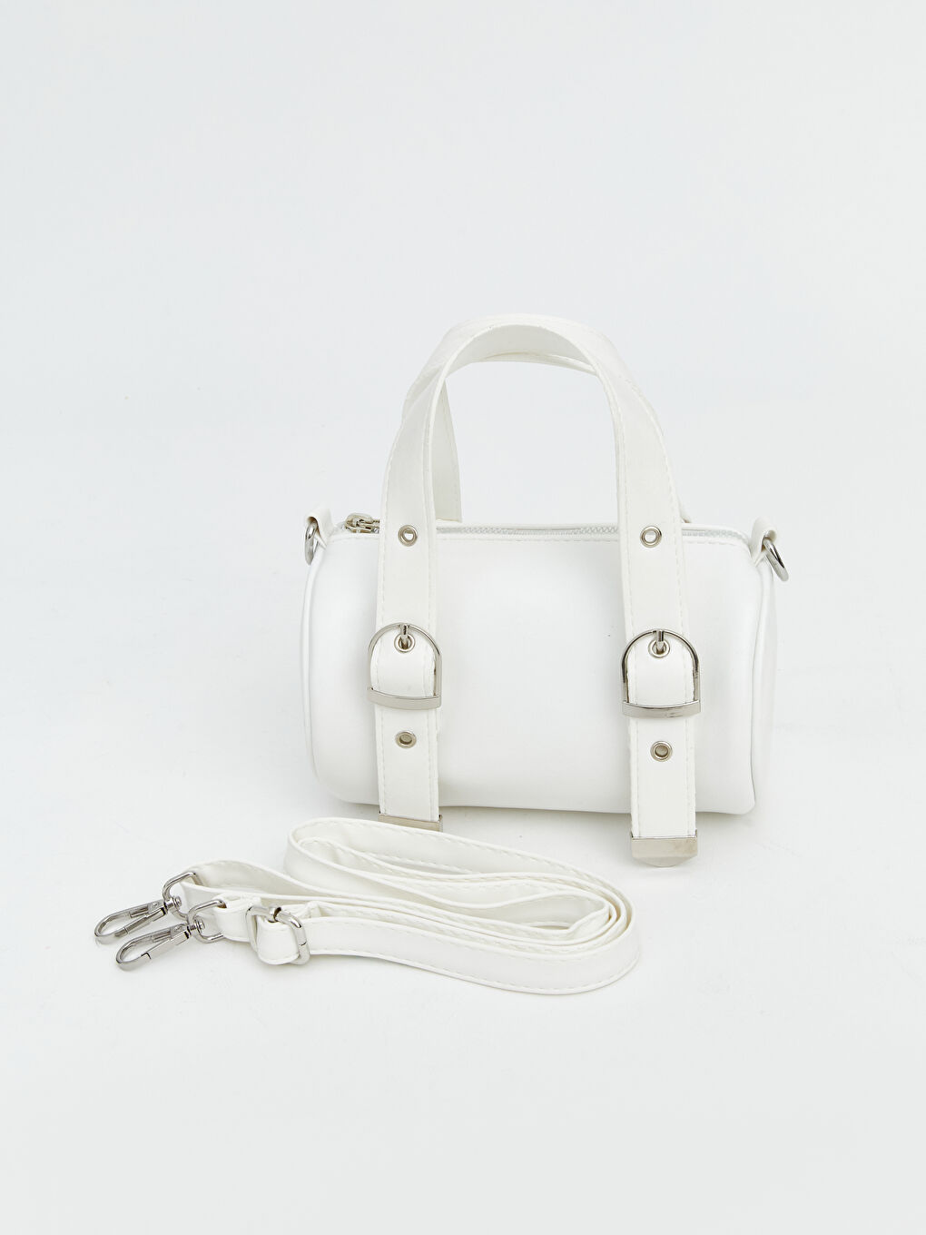 Beyaz Toka Detaylı Deri Görünümlü Kadın Omuz Çantası-1