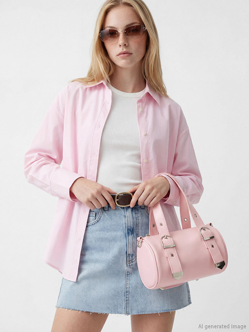 Pembe Toka Detaylı Deri Görünümlü Kadın Omuz Çantası