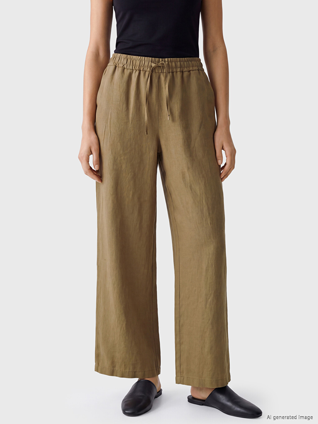 Elastic Waist %100 Linen Women's Trousers-1