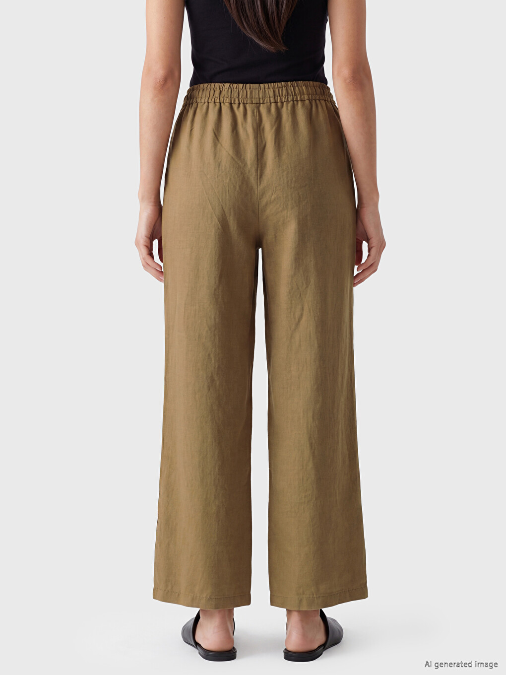 Elastic Waist %100 Linen Women's Trousers-3