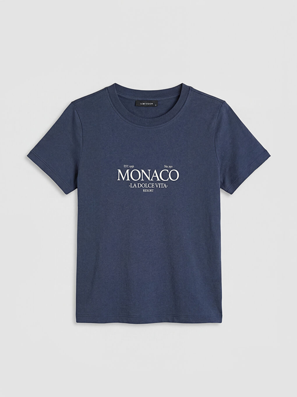 Lacivert Bisiklet Yaka Monaco Baskılı Kadın Tişört