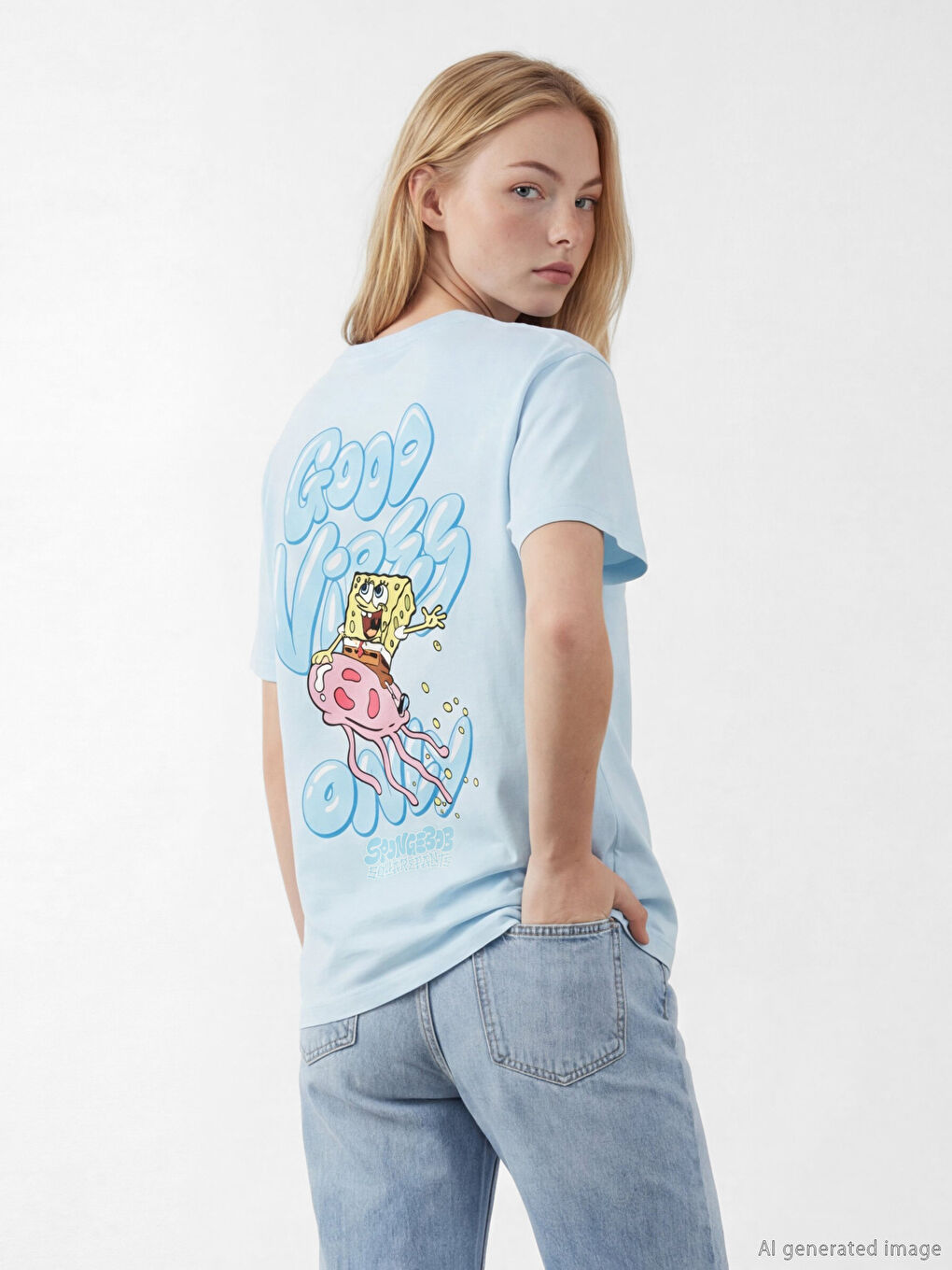 Mavi Bisiklet Yaka Sünger Bob Baskılı Kadın Tişört