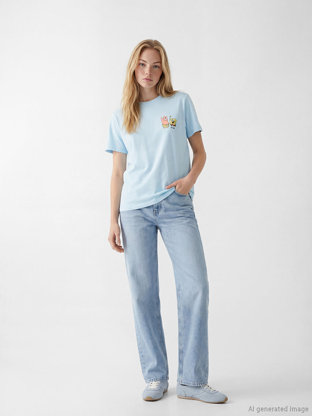 Mavi Bisiklet Yaka Sünger Bob Baskılı Kadın Tişört-1