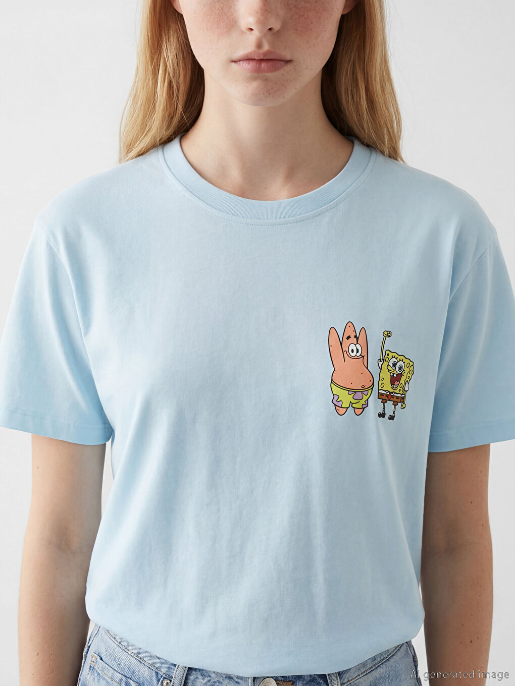 Mavi Bisiklet Yaka Sünger Bob Baskılı Kadın Tişört-2