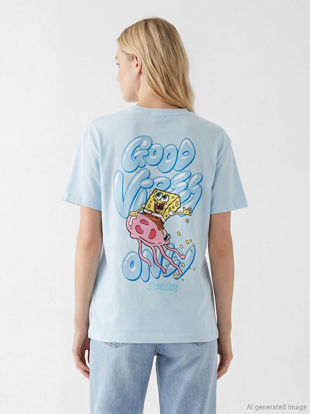 Mavi Bisiklet Yaka Sünger Bob Baskılı Kadın Tişört-3