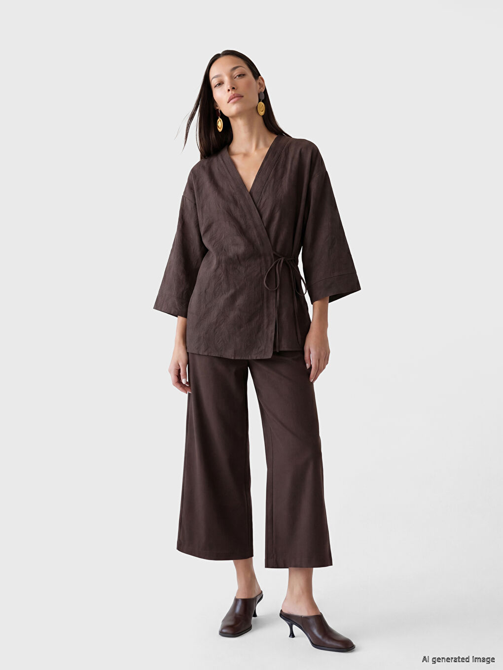 Kahverengi Kruvaze Yaka Oversize Kadın Kimono-1