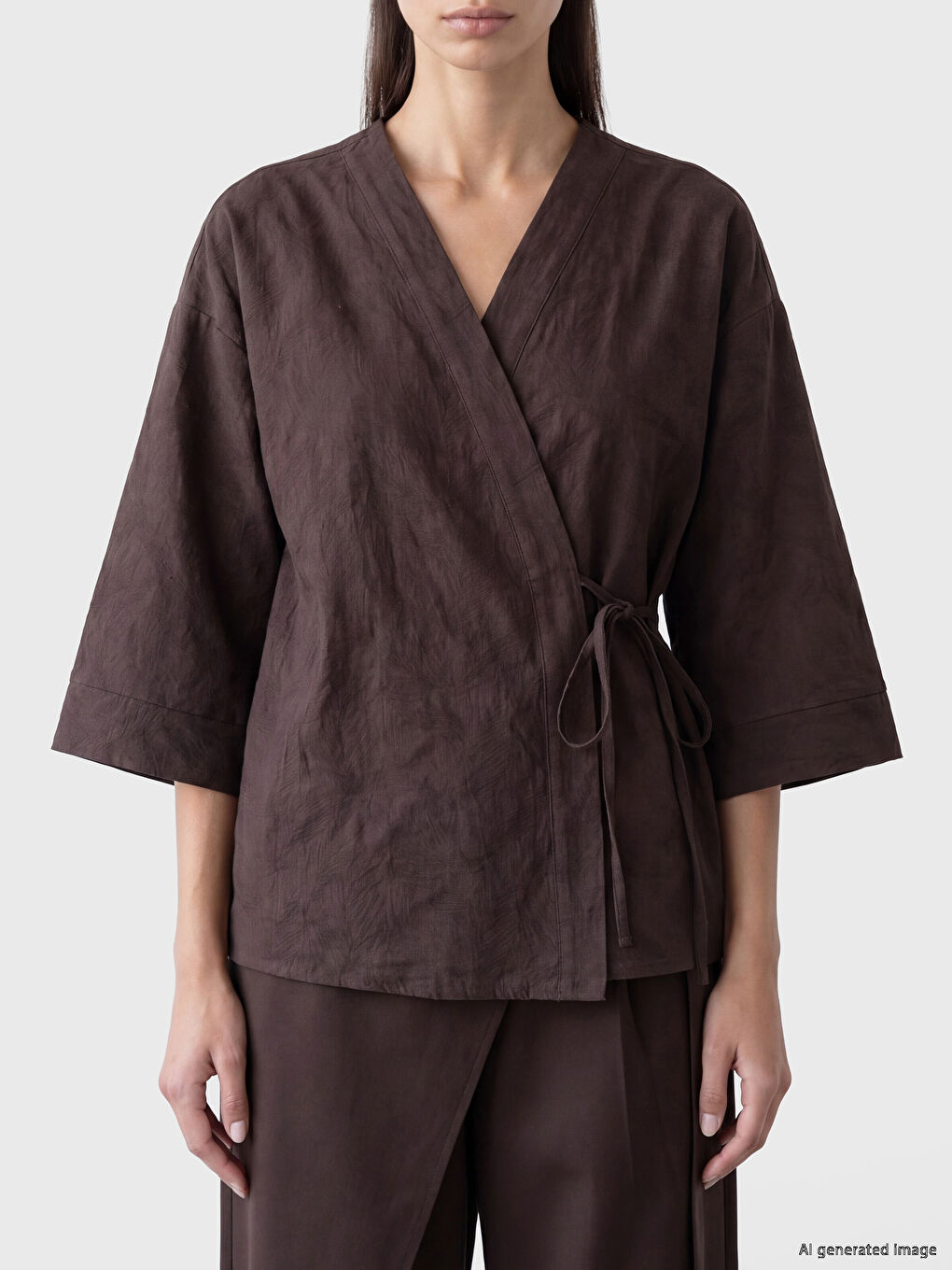 Kahverengi Kruvaze Yaka Oversize Kadın Kimono-2