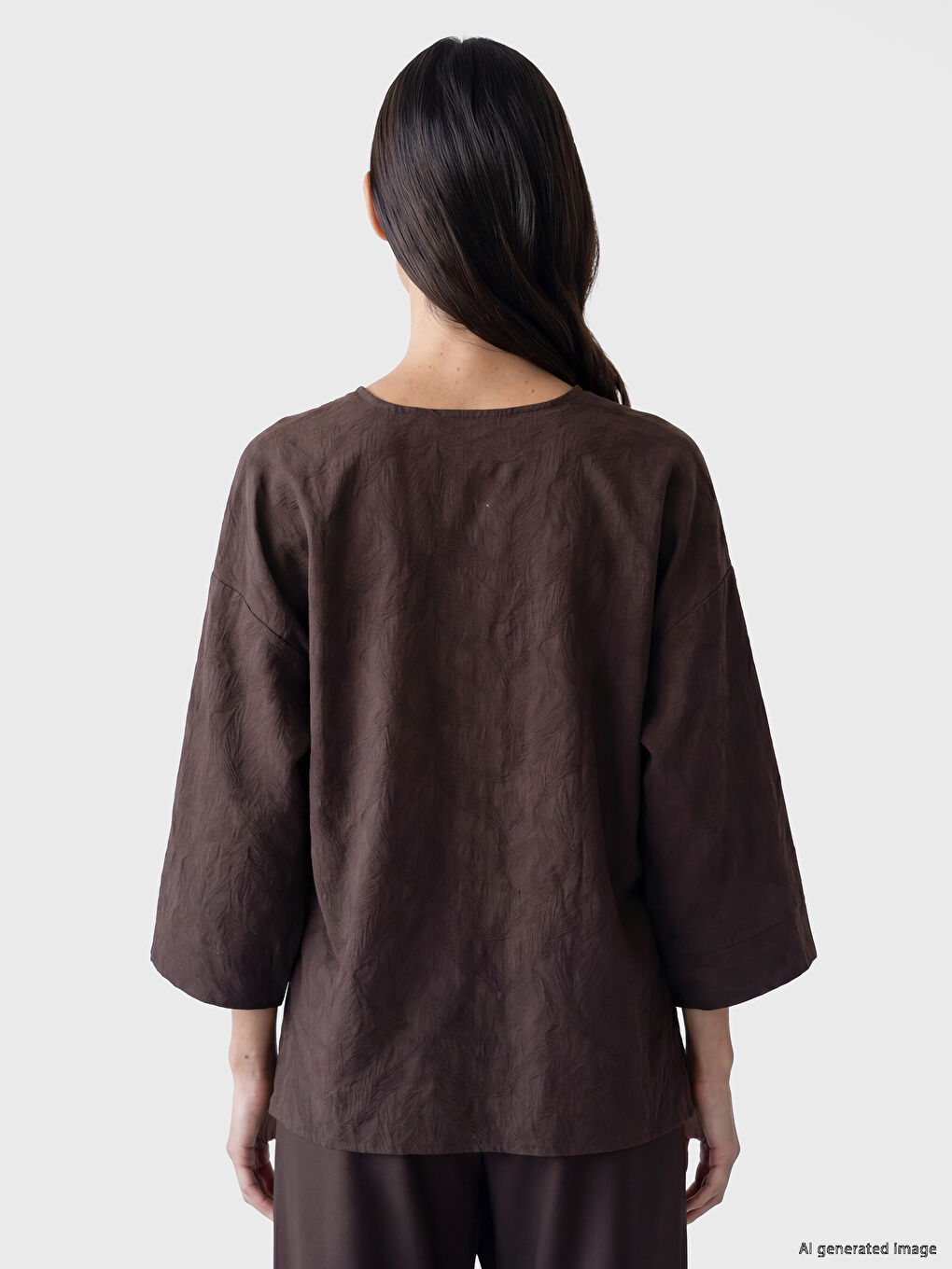 Kahverengi Kruvaze Yaka Oversize Kadın Kimono-3