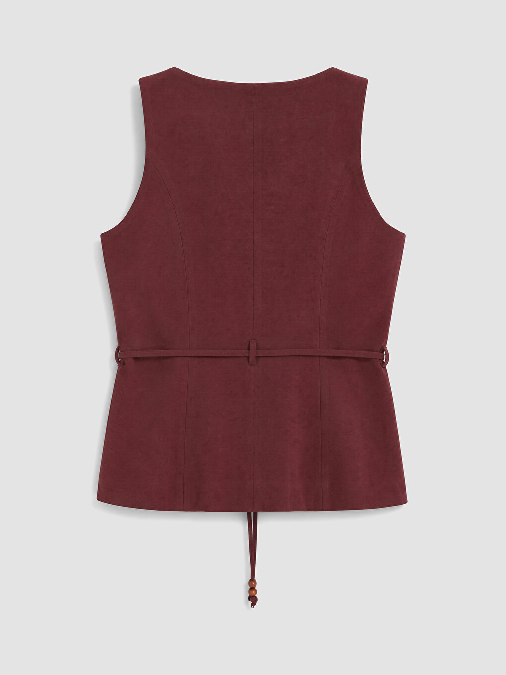 Bordo Beli Kuşaklı Keten Karışım Kadın Klasik Yelek-5