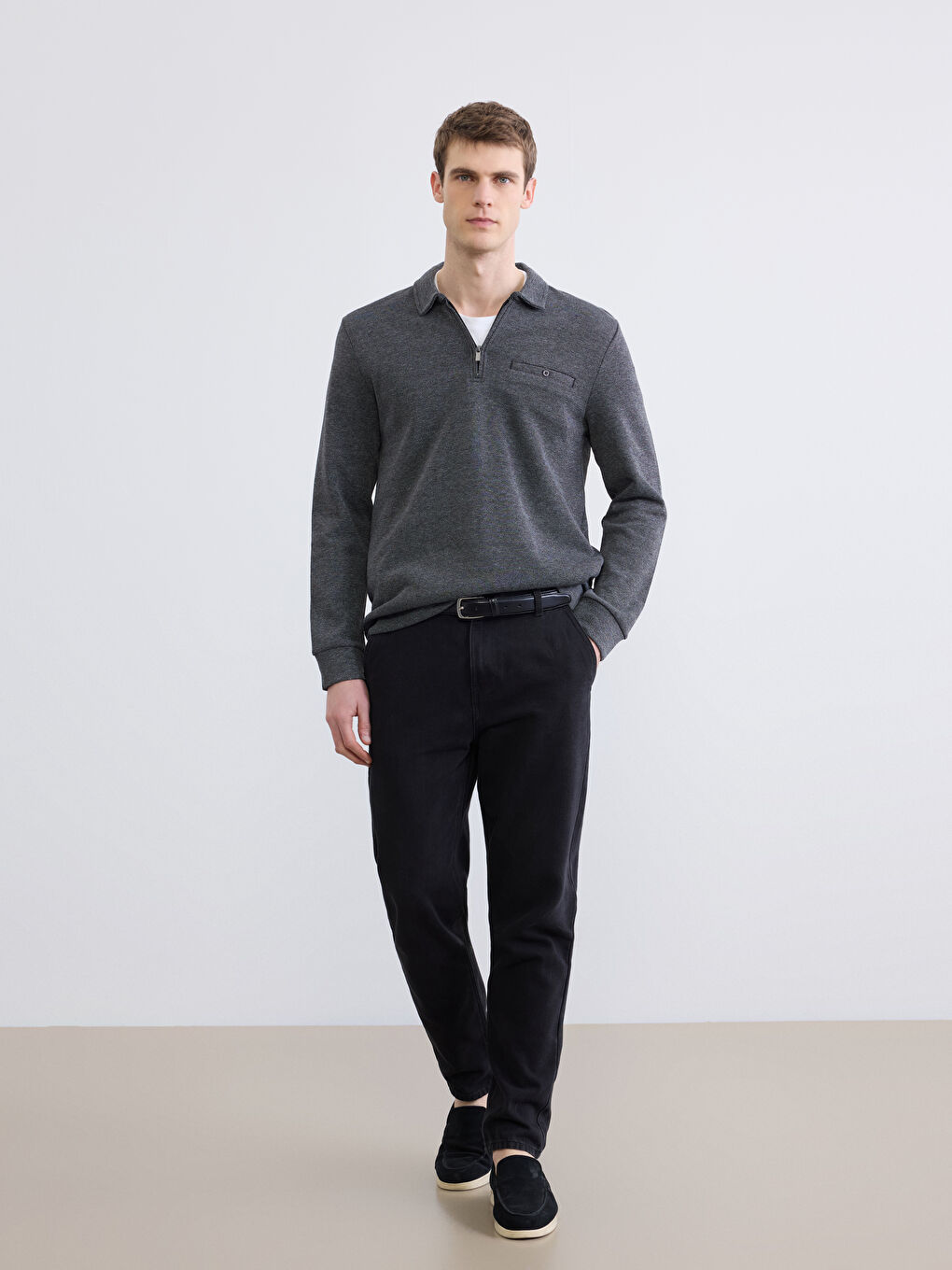 Siyah Polo Yaka Desenli Erkek Sweatshirt-1