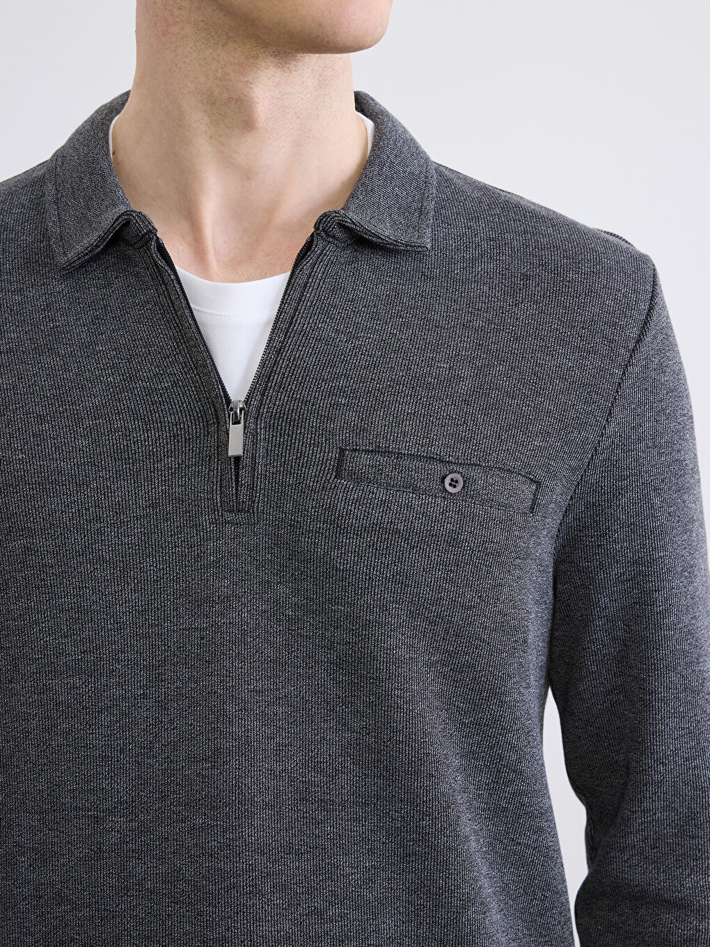 Siyah Polo Yaka Desenli Erkek Sweatshirt-2