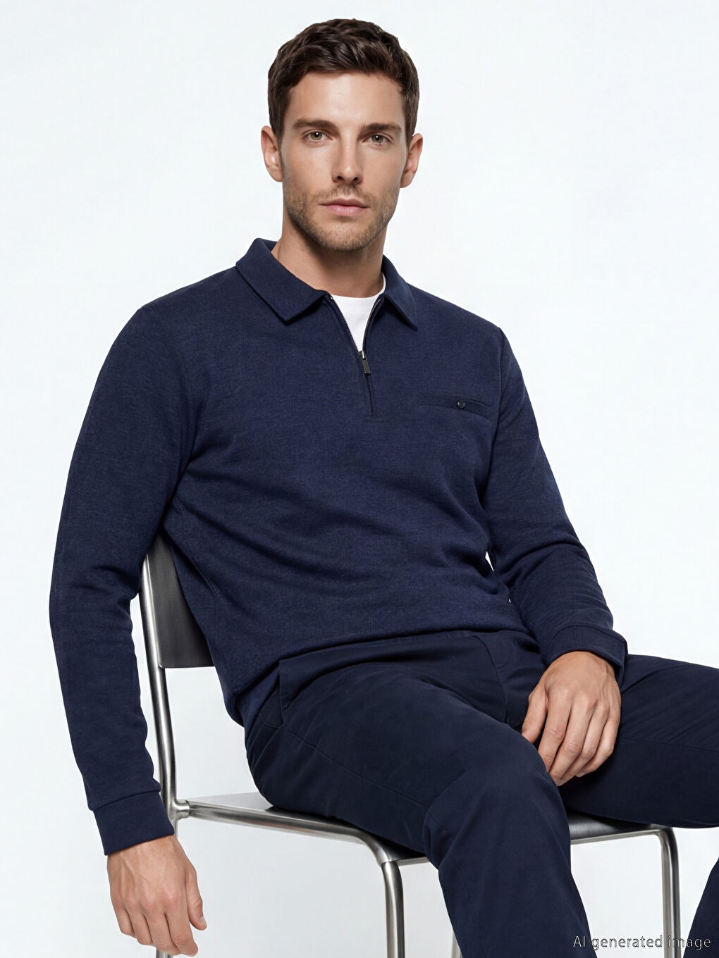 Lacivert Polo Yaka Desenli Erkek Sweatshirt