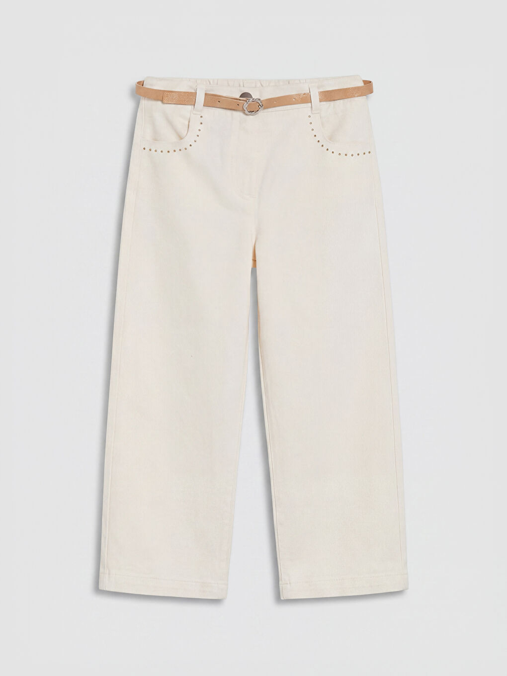 Ekru Kemerli Wide Leg Fit Kız Çocuk Pantolon