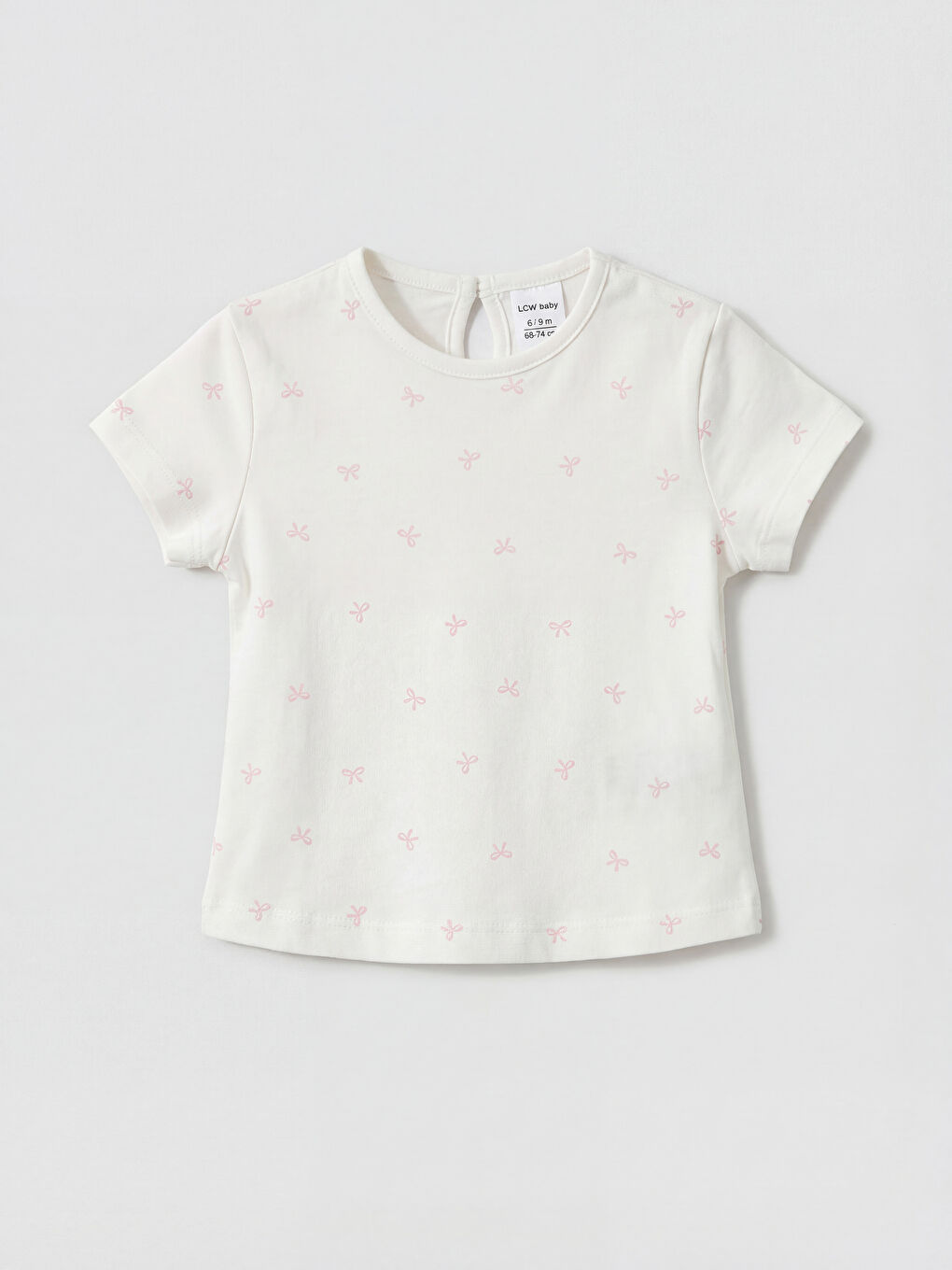 Ekru Bisiklet Yaka Fiyonk Desenli Kız Bebek Tişört
