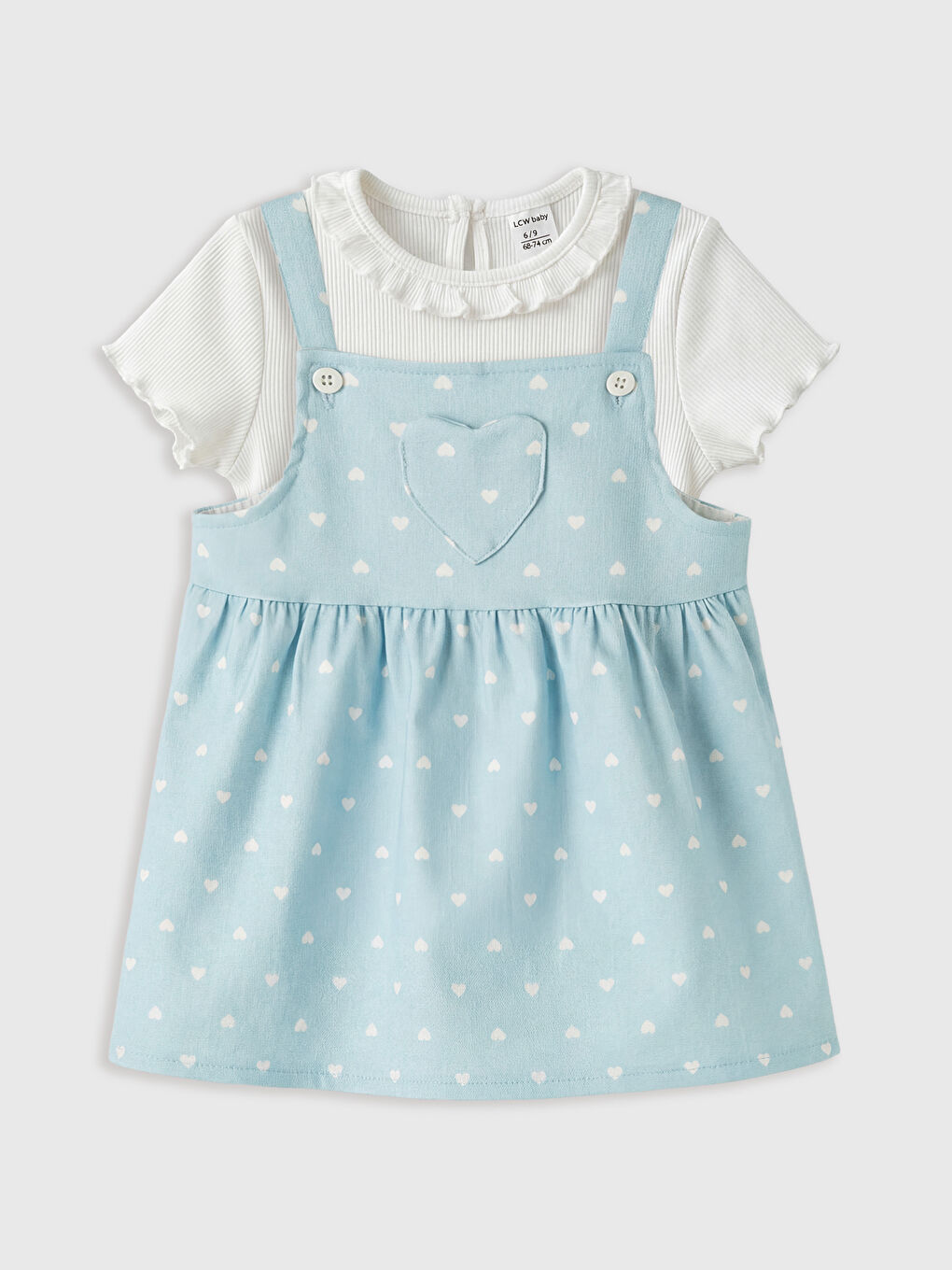 Mavi Kalp Desenli Kız Bebek Gabardin Elbise ve Tişört