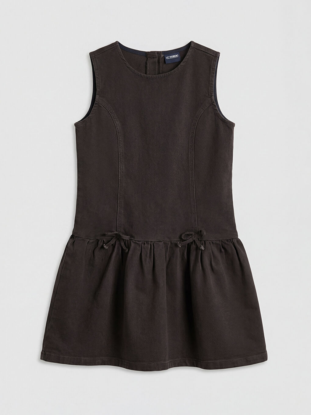 Kahverengi Bisiklet Yaka Fiyonk Detaylı Kız Çocuk Jean Elbise