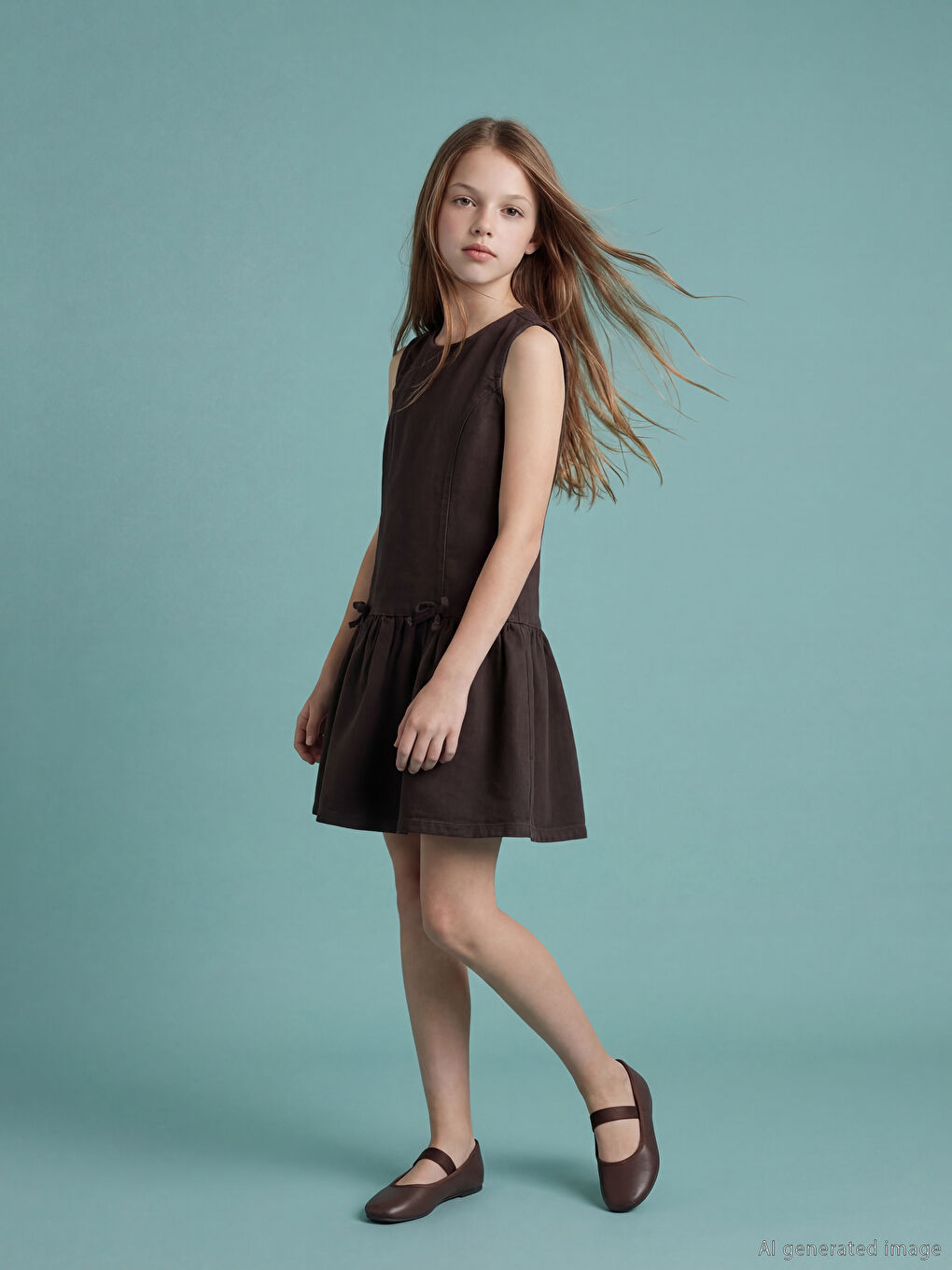 Kahverengi Bisiklet Yaka Fiyonk Detaylı Kız Çocuk Jean Elbise-1