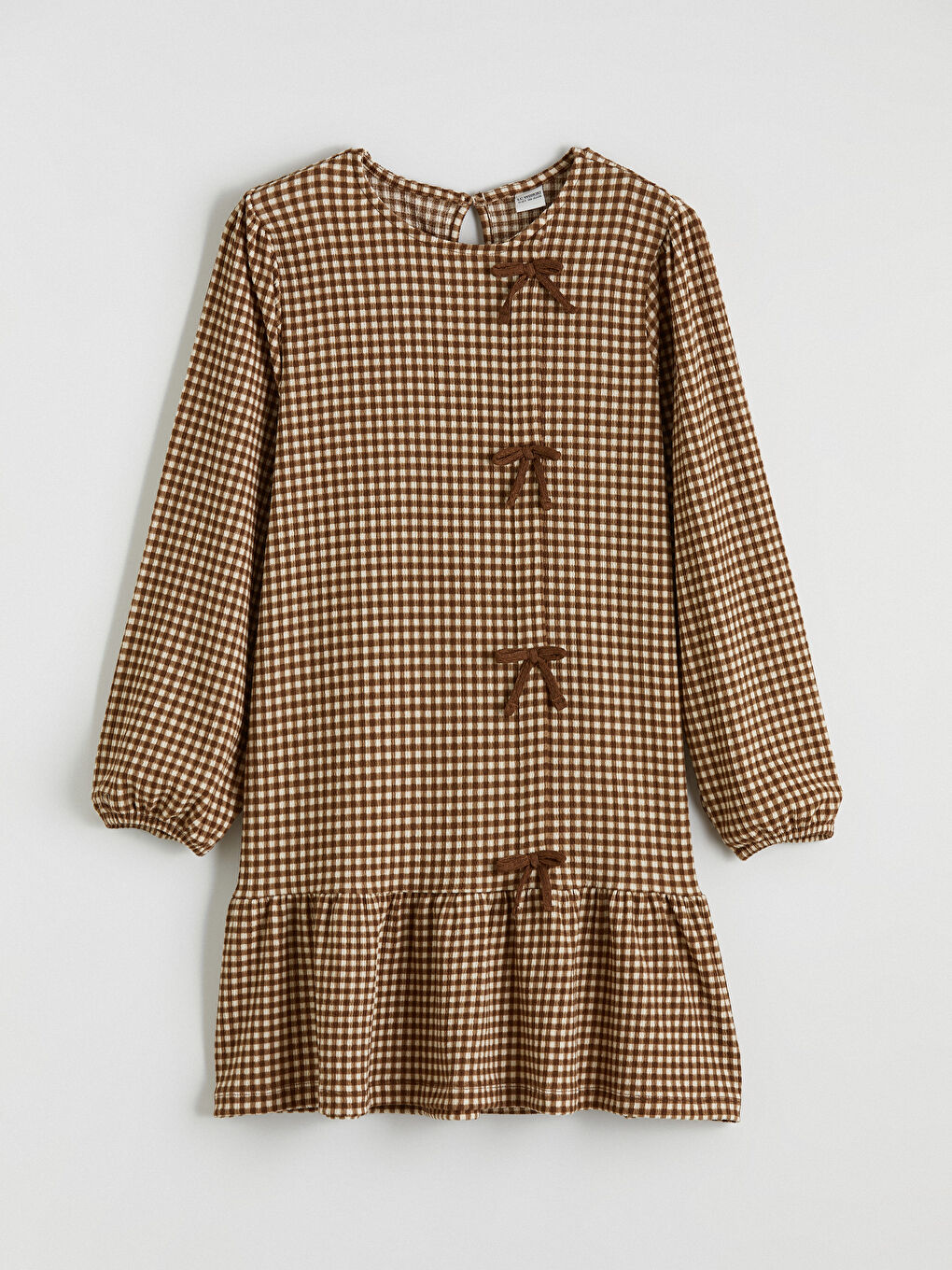 Ekru Fiyonk Detaylı Ekose Kız Çocuk Elbise