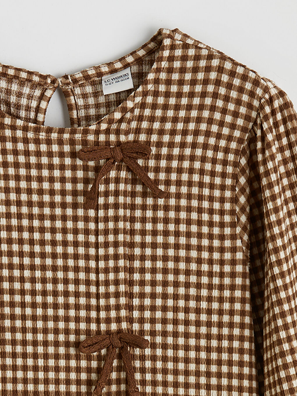 Ekru Fiyonk Detaylı Ekose Kız Çocuk Elbise-1